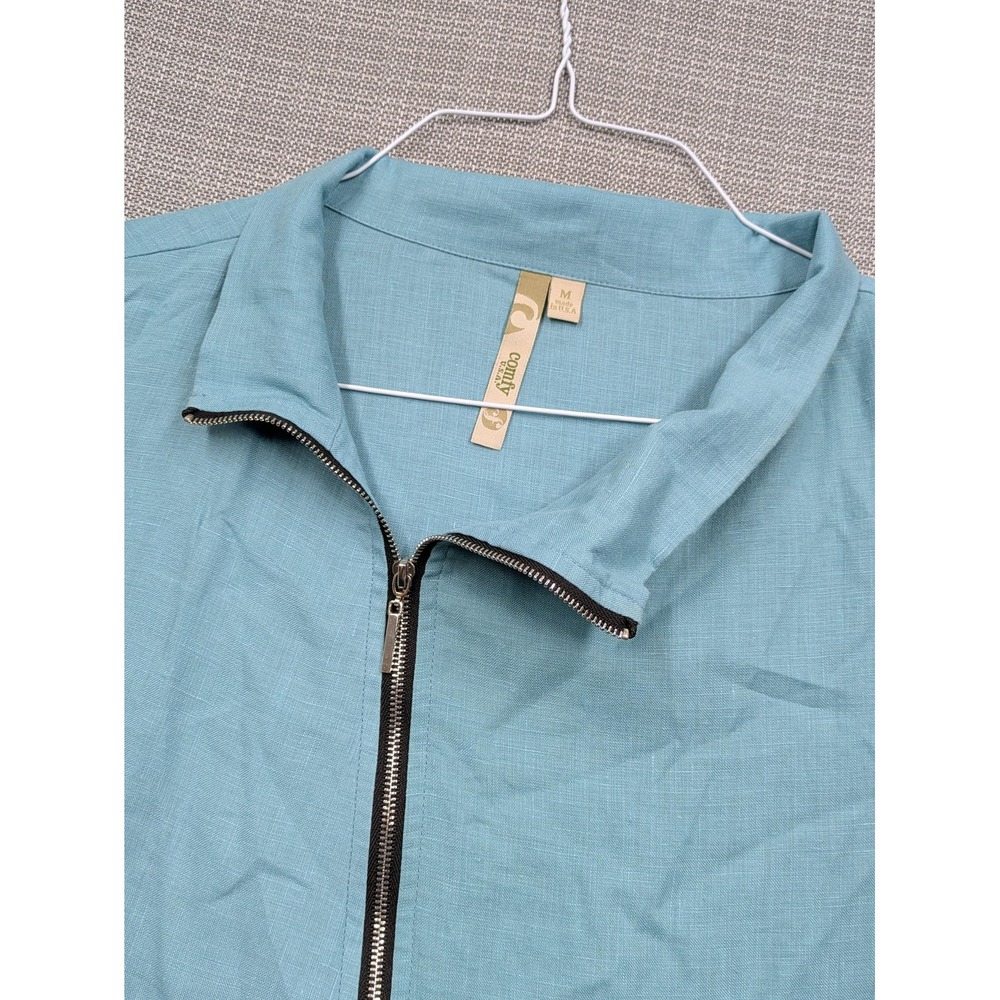 Comfy USA Tunic Blouse Womens Medium Blue Linen Zip Front High Low 3/4 Sleeve